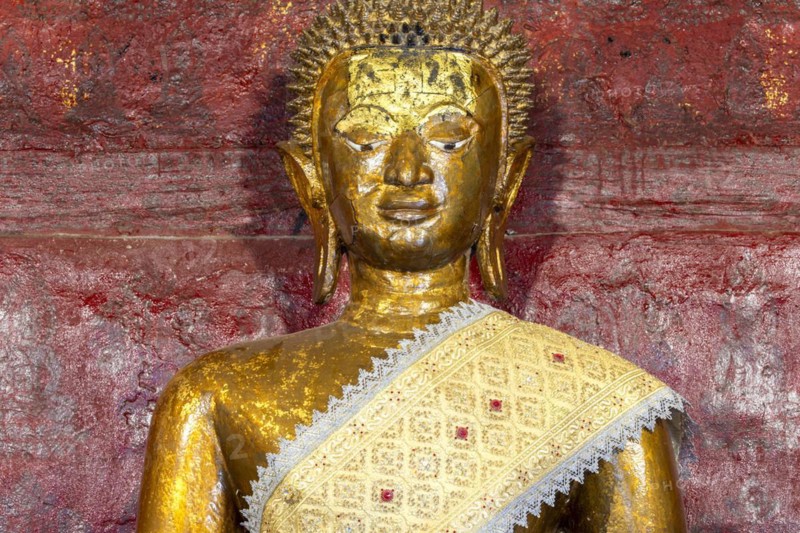 Golden Buddha statue, Bhumispara-mudra, Buddha Gautama at the moment of enlightenment, Wat Long Koon, Luang Prabang, Laos, Asia