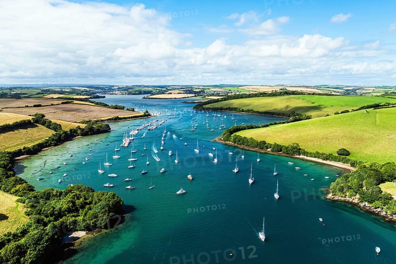 Salcombe and Mill Bay over Kingsbridge Estuary from a drone, Batson Creek, Southpool Creek, Devon, England, United Kingdom, Europe