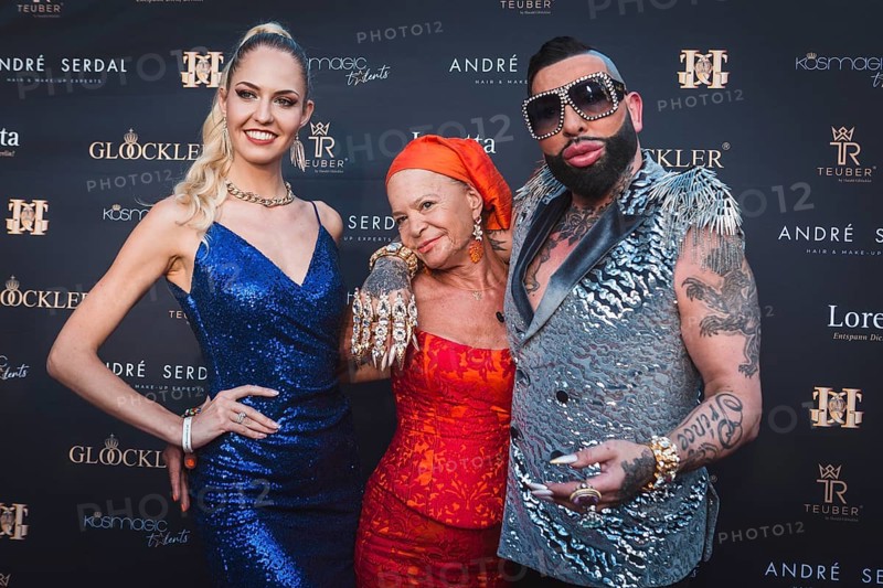 Beatrice Turin, Barbara Engel and Harald Glööckler at the first Fashion Night with Harald Glööckler for his new fashion collection Teuber by HARALD GLÖÖCKLER at Loretta am Wannsee in Berlin on 28 June 2024