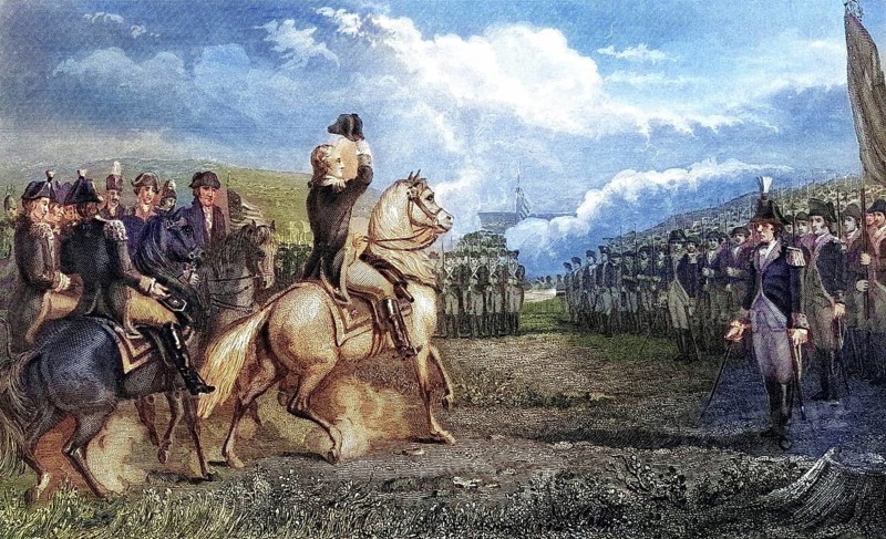 Washington takes command of the army in Cambridge Massachusetts USA 1775, George Washington, 1732-1799, First President of the United States, After a 19th century print by J Rogers after Wageman, Historic, digitally restored reproduction from a 19th century original, Record date not stated