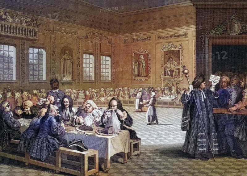 Industrie und Müßiggang Der fleißige Prinz wird reich und ist Sheriff von London, Industry and Idleness The industrious prentice grown rich and sheriff of London From the original design by Hogarth from The Works of Hogarth published London 1833, Historic, digitally restored reproduction from a 19th century original, Record date not stated