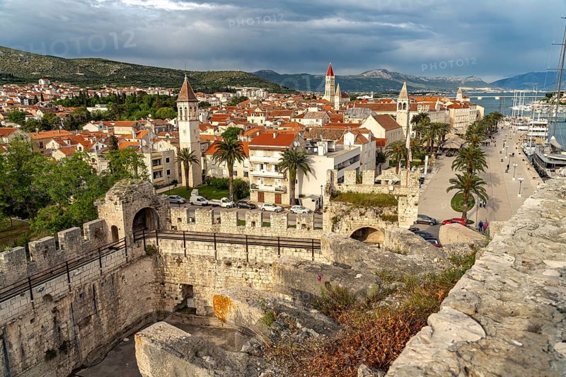 View over the Kamerlengo fortress to Riva Promenade and the old town centre of Trogir, Croatia, Europe