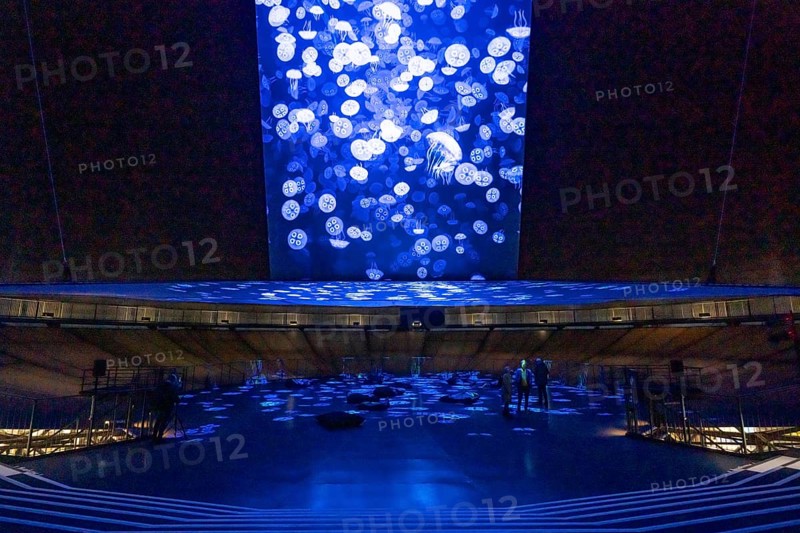 Plante Ozean exhibition in the Gasometer in Oberhausen, the world's oceans in their fragile beauty are the focus of the new exhibition, large-format photos, exhibits including a whale skeleton and an immersive large-scale video and sound installation, The Wave, on a 40 metre high screen measuring over 1000 square metres in total can be seen, Oberhausen, Germany, Europe
