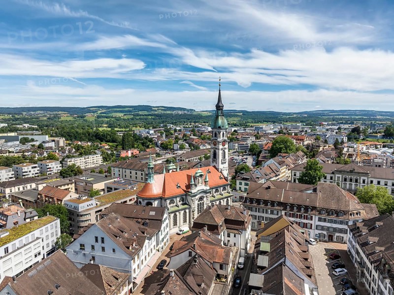 Aerial view, townscape, town centre, old town of Frauenfeld, with the town church of St. Nicholas, neo-baroque sacral architecture, Canton of Thurgau, Switzerland, Europe