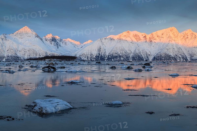 Morning light, mountains, snowy, reflection, sea, coast, fjord, winter, Lyngen Alps, Norway, Europe
