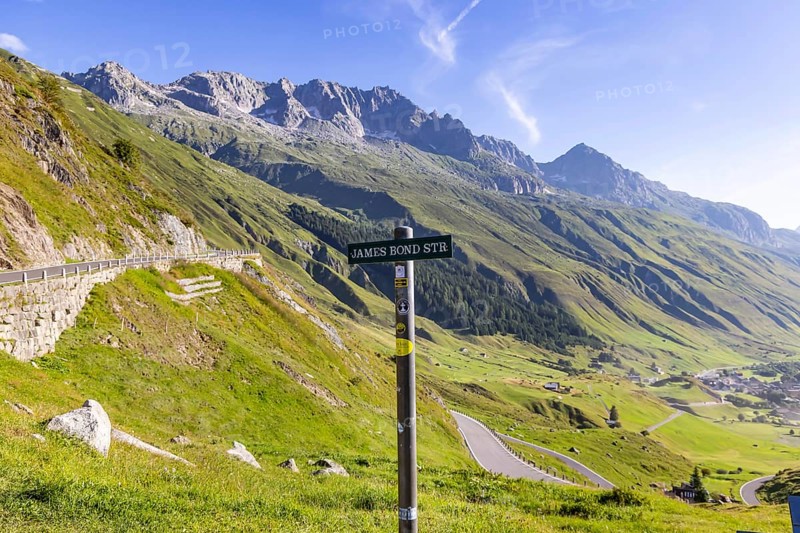 James Bond Goldfinger curve viewpoint on the Furka Pass. Scenes for the James Bond film Goldfinger were filmed on the winding mountain road in 1964 against a picturesque backdrop. Realp, Canton Uri, Switzerland, Europe