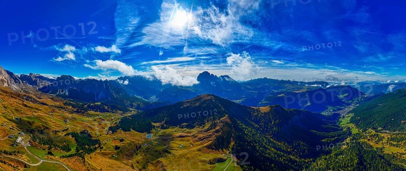 The Picberg, in the background the peaks of the Sassolungo Group, shrouded in mist, wide-angle panoramic shot, drone shot, Val Gardena, Dolomites, Autonomous Province of Bolzano, South Tyrol, Italy, Europe