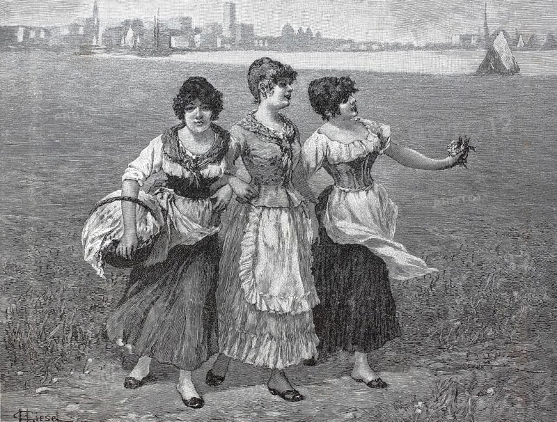 Three young woman in a meadow collecting clover, 1890, Germany, digital reproduction of an original from the 19th century, historical, Europe