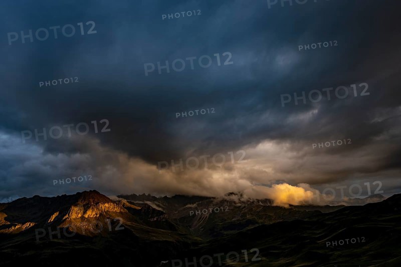 Montafon mountains with dramatic cloudy sky at sunset, Tschagguns, Rätikon, Montafon, Vorarlberg, Austria, Europe