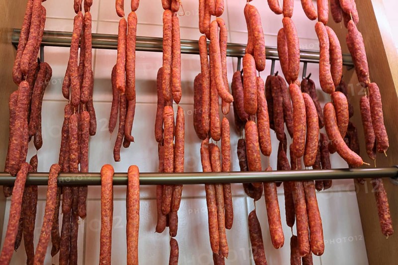 Air-dried sausage in a butcher's shop