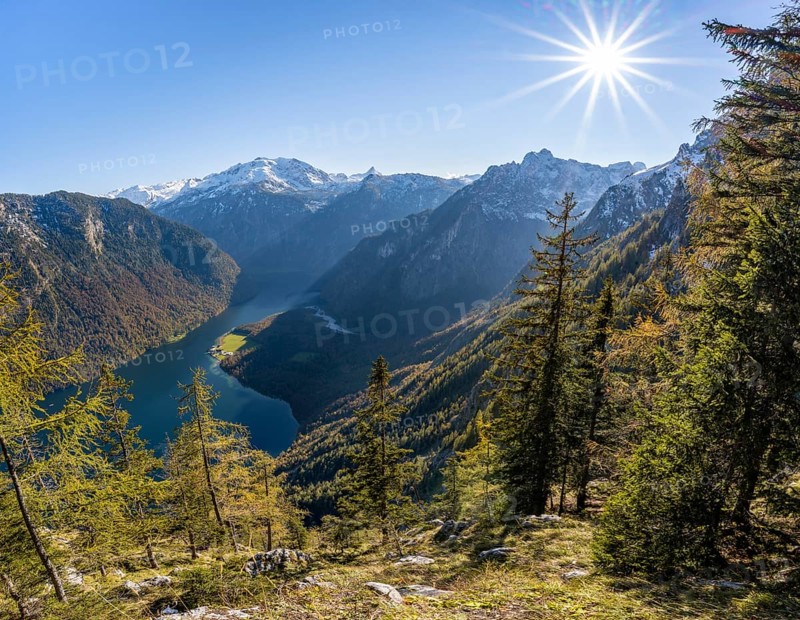 Panoramic view of the Königssee from the Archenkanzel viewpoint, autumnal forest and snow-capped mountains, Sonnenstern, Berchtesgaden National Park, Berchtesgadener Land, Upper Bavaria, Bavaria, Germany, Europe