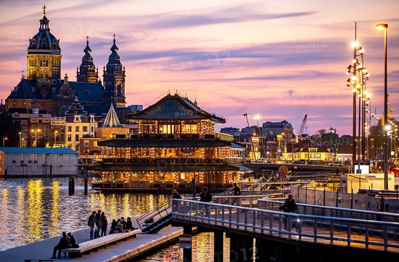 Amsterdam, Netherlands, city centre, St. Nicholas Basilica, new quarter on the Oosterdokskade, restaurant ship