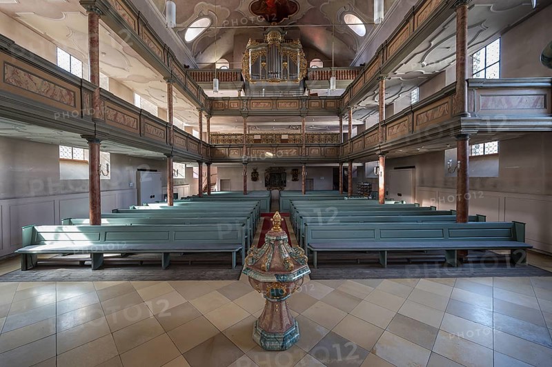 Interior of the organ loft, baptismal font in front1738 Inauguration of the baroqueised town church of St. Maria, Hersbruck, Middle Franconia, Bavaria, Germany, Europe