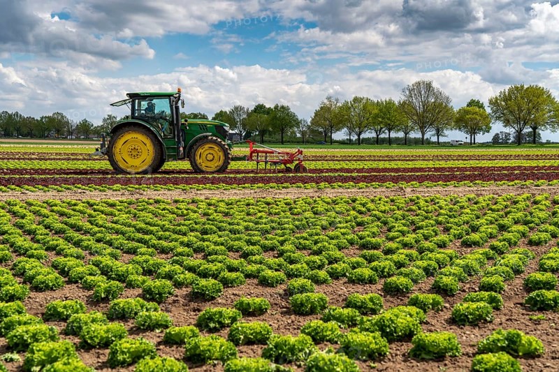 Agriculture, lettuce growing in a field, Lollo Bionda and Lollo Rossa, in long rows of plants, working the field with a finger hoe that mechanically removes the weeds between the plants, North Rhine-Westphalia, Germany, Europe