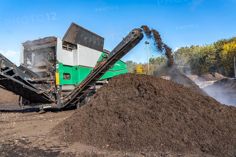 Composting plant, organic waste is composted, sorted by size, smaller parts are reused as compost, coarser parts are burnt in a biomass power plant and converted into electricity, Coesfeld, North Rhine-Westphalia, Germany, Europe