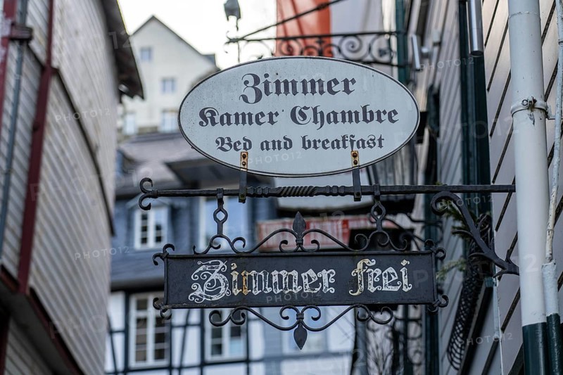 Hotel, Signs, Rooms available, Bed and Breakfast, Monschau, Old Town, Eifel, North Rhine-Westphalia, Germany, Europe