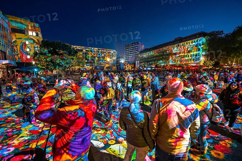Essen Light Festival, in the city centre, light art on Kennedyplatz, the Berlin artist Daniel Margraf illuminates the large square in the city centre with works of art from the Essen Folkwang Museum, the visitors become part of the pictures that change with every step. North Rhine-Westphalia, Germany, Europe