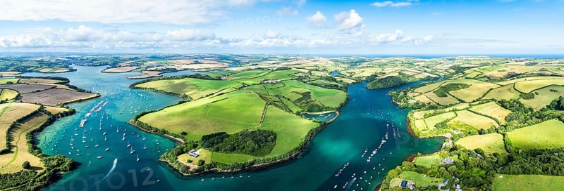 Panorama of Salcombe and Mill Bay over Kingsbridge Estuary from a drone, Batson Creek, Southpool Creek, Devon, England, United Kingdom, Europe