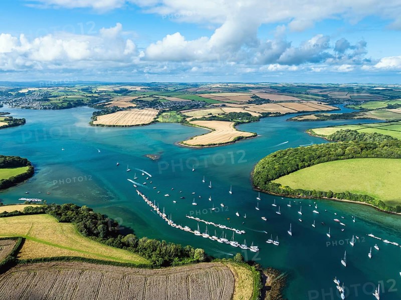 Salcombe and Mill Bay over Kingsbridge Estuary from a drone, Batson Creek, Southpool Creek, Devon, England, United Kingdom, Europe