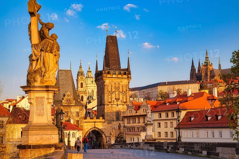 Lesser Town Bridge Tower in the early morning, Charles Bridge in Prague, Czech Republic, Europe