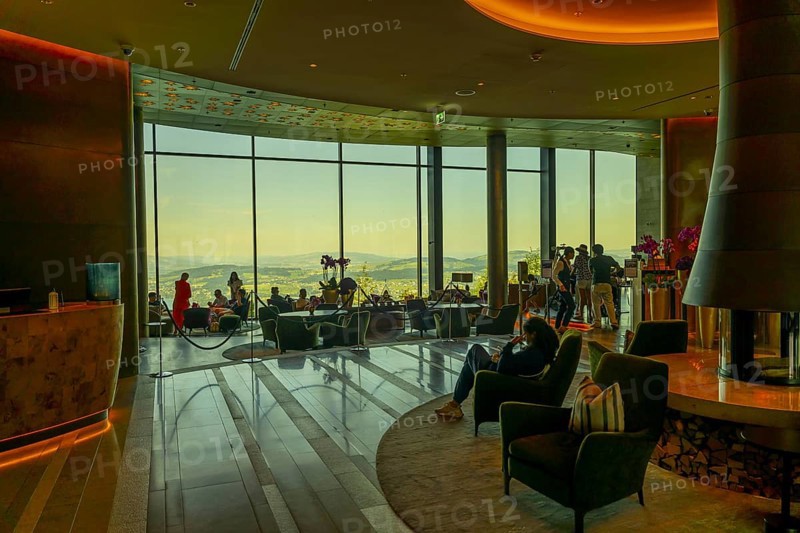 Hotel Five Stars Bürgenstock with Restaurant over Lake Lucerne and Mountain in Sunny Day in Bürgenstock, Nidwalden, Switzerland, Europe