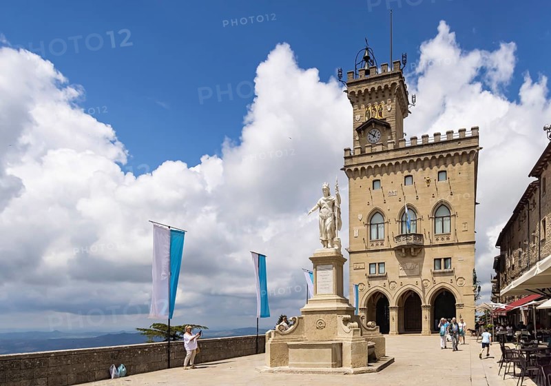 Statue of Liberty on the Liberty Square. Palazzo Pubblico San Marino, also the town hall and seat of the Consiglio Grande e Generale, the parliament and the government. Historic building, landmark of San Marino