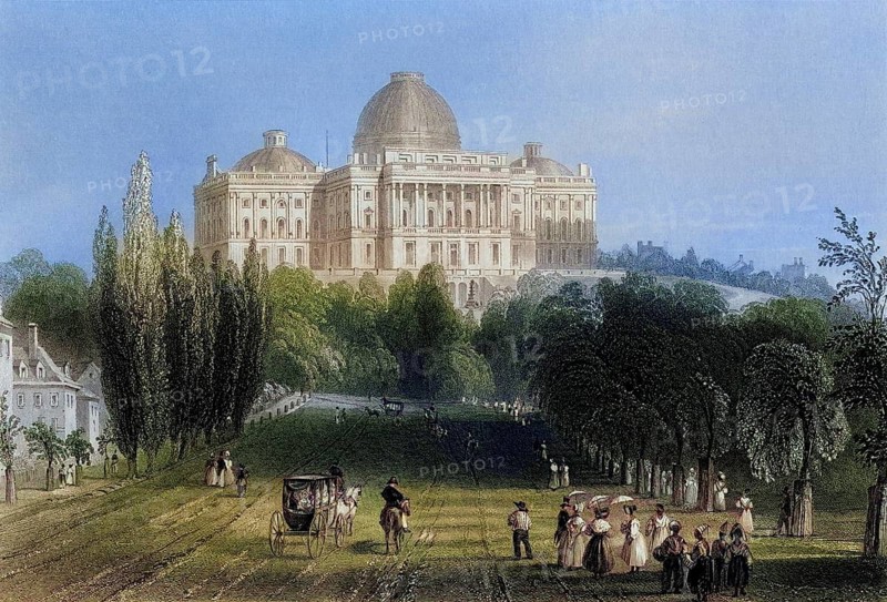 View of the Capitol Building in Washington USA, From a nineteenth century engraving by C. J. Bentley after W. H. Bartlett, Historic, digitally restored reproduction from a nineteenth century original, Record date not stated