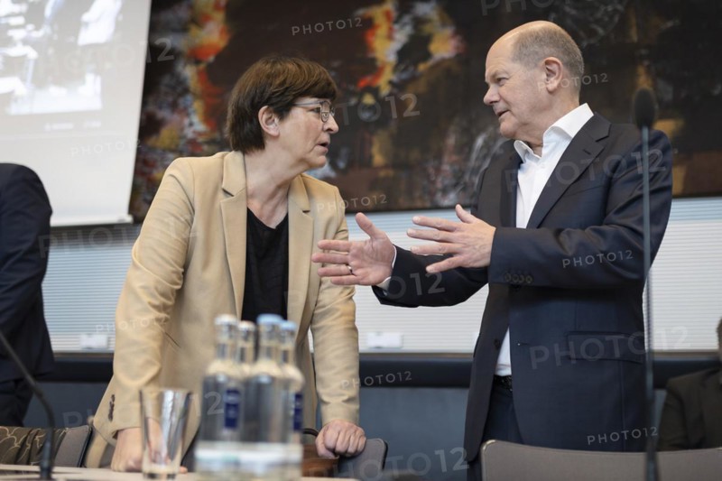 Olaf Scholz (SPD), Federal Chancellor speaks with Saskia Esken, Federal Chairwoman of the SPD, recorded during the SPD parliamentary group meeting in Berlin, 12 March 2024