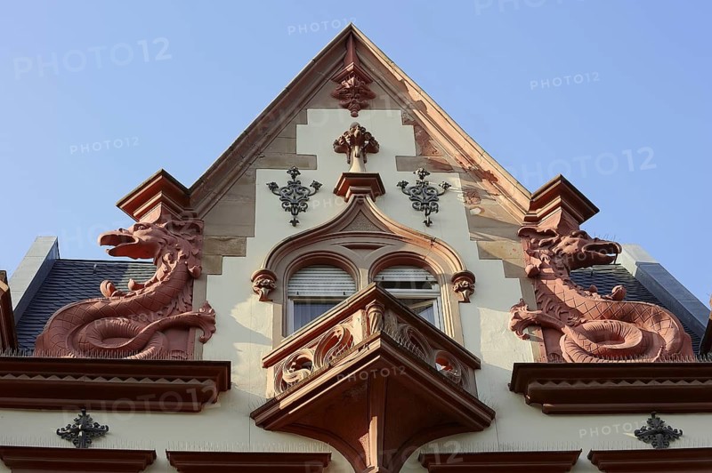 House gable with dragon figures, Heidelberg, Baden-Württemberg, Germany, Europe