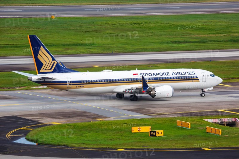 A Boeing 737 MAX 8 aircraft of Singapore Airlines with the registration 9V-MBK at Changi Airport, Singapore, Asia