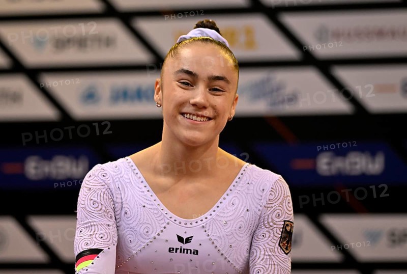 Madita Mayr GER Portrait smiles Gymnastics, EnBW DTB-Pokal, Porsche-Arena, Stuttgart, Baden-Württemberg, Germany, Europe