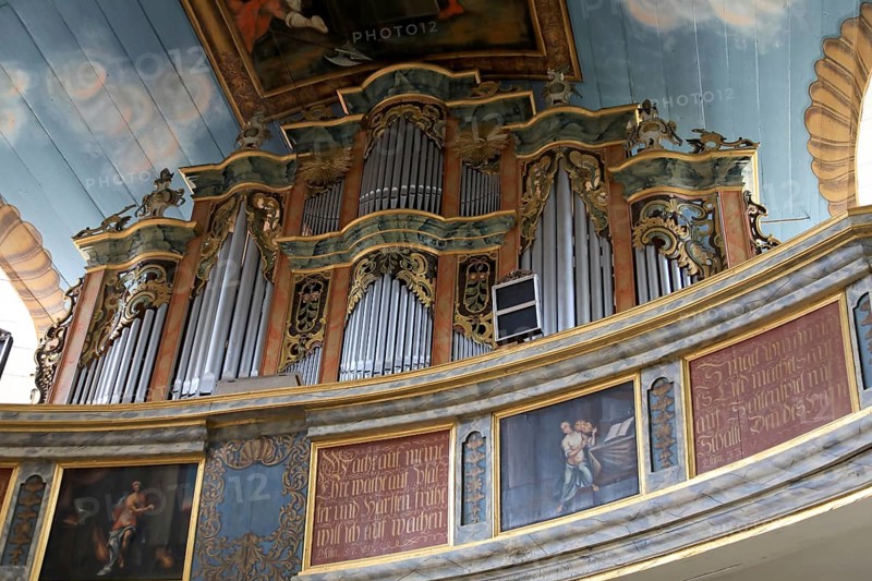 Interior, gallery, Cathedral of the Rhön, Protestant church, Helmershausen, Rhönblick parish, Schmalkalden-Meiningen district, Thuringia, Germany, Europe
