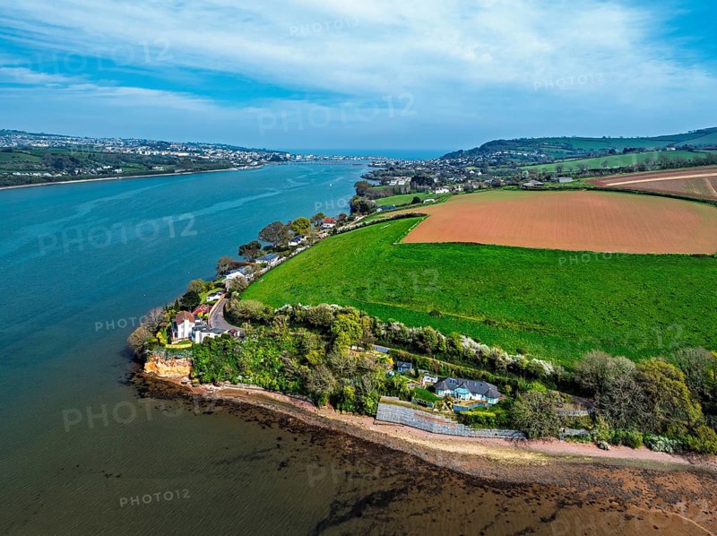 Farms and Fields over River Teign from a drone, Teignmouth, Shaldon, Devon, England, United Kingdom, Europe
