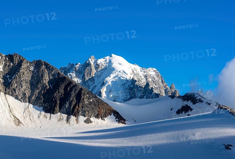 Summit of the Aiguille Verte, High alpine mountain landscape with glacier and mountain peak, Chamonix, Haute-Savoie, France, Europe