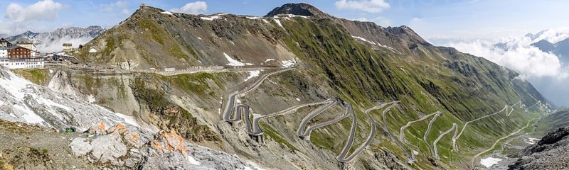 Panoramic view of east ramp north ramp to ascent from to 2757 2758 metres high pass road mountain pass Alpine pass with serpentines tight bends Stelvio Pass Stelvio, Stelvio, South Tyrol, Alto Adige, Italy, Europe