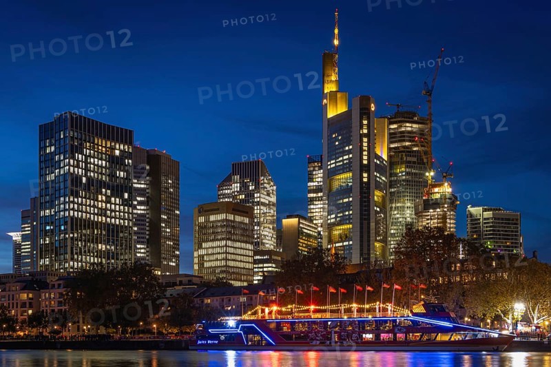 The Kansas City Chiefs' NFL boat is anchored on the River Main in front of Frankfurt's banking skyline. On Sunday, 5 November 2023, the Chiefs' football team led by quarterback Patrick Mahomes will face the Miami Dolphins in Frankfurt's Waldstadion, Mainufer, Frankfurt am Main, Hesse, Germany, Europe