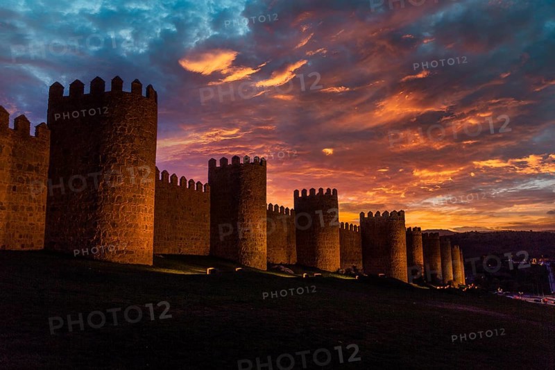 Avila city wall one afternoon with a beautiful sunset, Spain, Europe