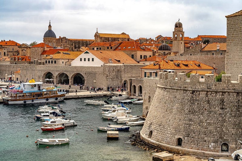 Harbour, city walls and old town of Dubrovnik, Croatia, Europe
