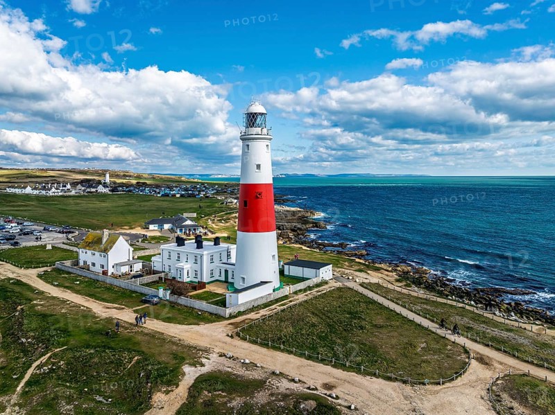 Portland Bill Lighthouse from a drone, Portland Bill, Isle of Portland, Dorset, England, United Kingdom, Europe