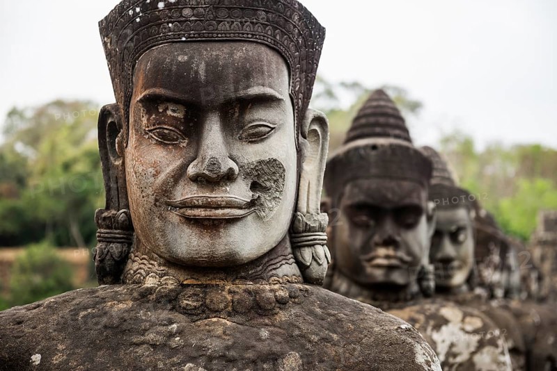 Figures on the bridge to Angkor Thom, sunset, Angkor Wat, Angkor, UNESCO World Heritage Site, Siem Reap, Cambodia, Indochina, Southeast Asia, Asia