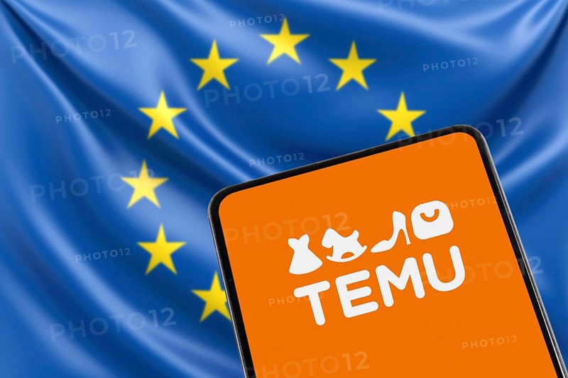 Temu logo online marketplace from China with EU European Union flag online trading ecommerce on a mobile phone in Stuttgart, Germany, Europe