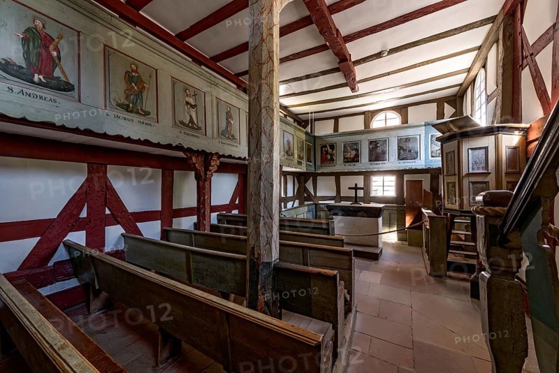 Historic half-timbered church, interior with wooden benches, altar and pulpit, church from Niederhörlen, Hessenpark Open-Air Museum, Neu-Anspach, Taunus, Hesse, Germany, Europe