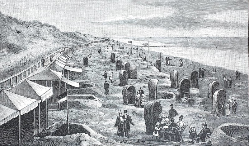 Southern part of the beach with walkway, North Sea, Sylt, around 1890, Germany, digital reproduction of an original 19th century model, historical, Many people enjoy their time on the beach under tent constructions on the coast, Europe