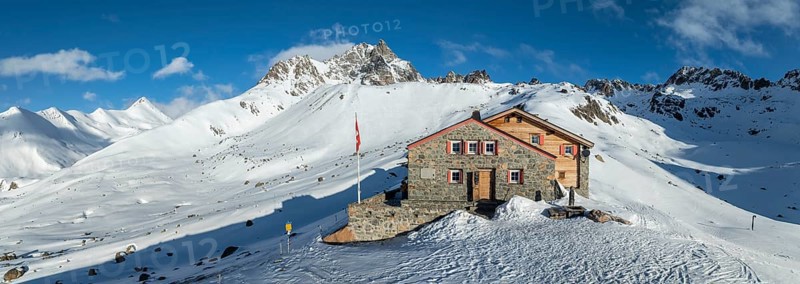 SAC Alpine Club hut in winter, Chamanna d'Es-cha, Pitz Blaisun, Albula Alps, Grisons, Switzerland, Europe