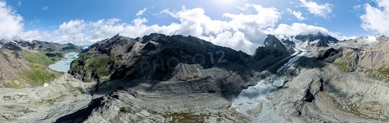 Aerial view, Alpine panorama, mountain landscape with glacier Glacier de Cheilon and summit Mont Blanc de Cheilon and Lac de Dix, Valais, Western Alps, Switzerland, Europe