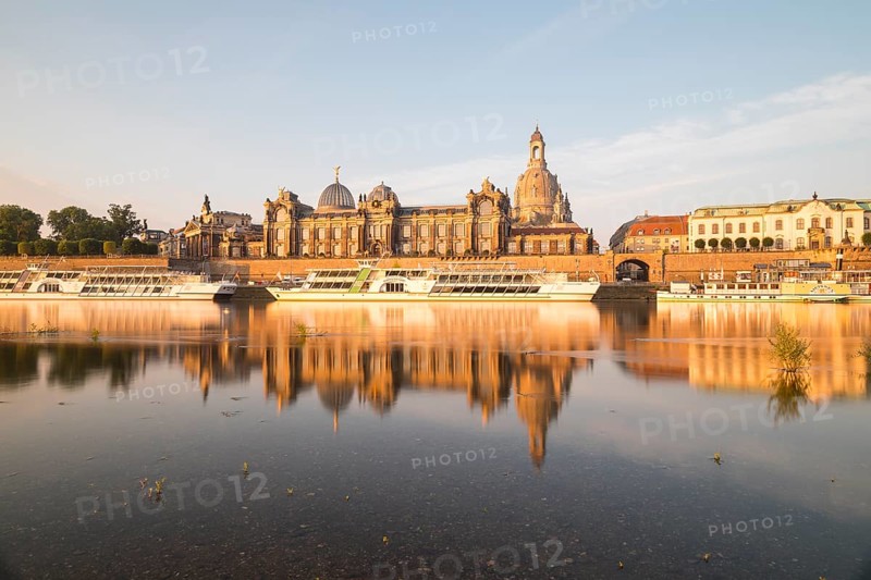 Silhouette of the Old Town with reflection in the Elbe in the morning, steamboats on the Terrassenufer, Brühl's Terrace, Academy of Fine Arts and Church of Our Lady, Dresden, Saxony, Germany, Europe