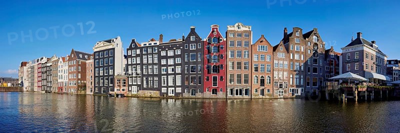 Panorama of the dancing houses, Damrak canal, Amsterdam, Province of North Holland, Netherlands