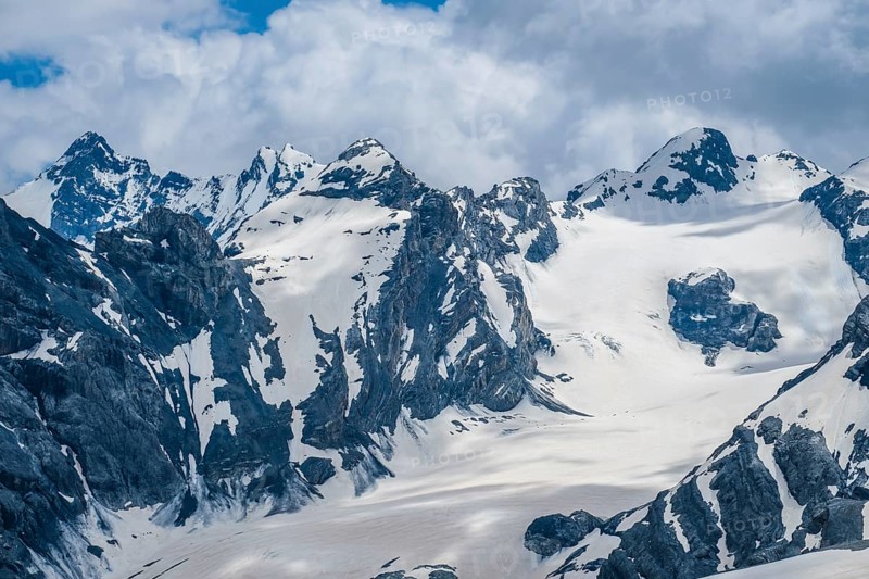 Stilfserjoch, Vinchgau, South Tyrol, Italy, mountain landscape on the Ortler, Italian Alps, snowy landscape on the Stilfser Joch pass road The Ortler Alps in Vinschgau with their almost 100 glaciers are a mountain massif about 50 kilometres long and 40 kilometres wide, Europe