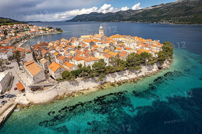 The old town centre of Korcula town seen from the air, Croatia, Europe