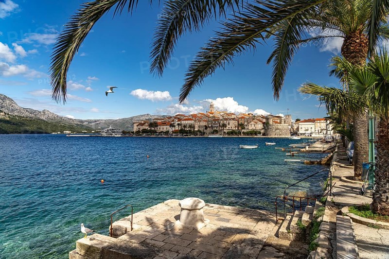View of the old town and harbour of Korcula, Croatia, Europe